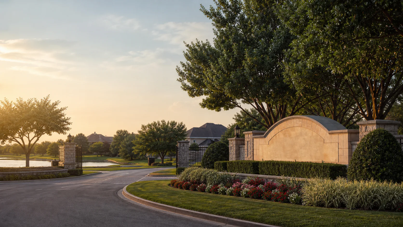 Golden-hour gated neighborhood arrival drive with manicured landscaping and mature trees