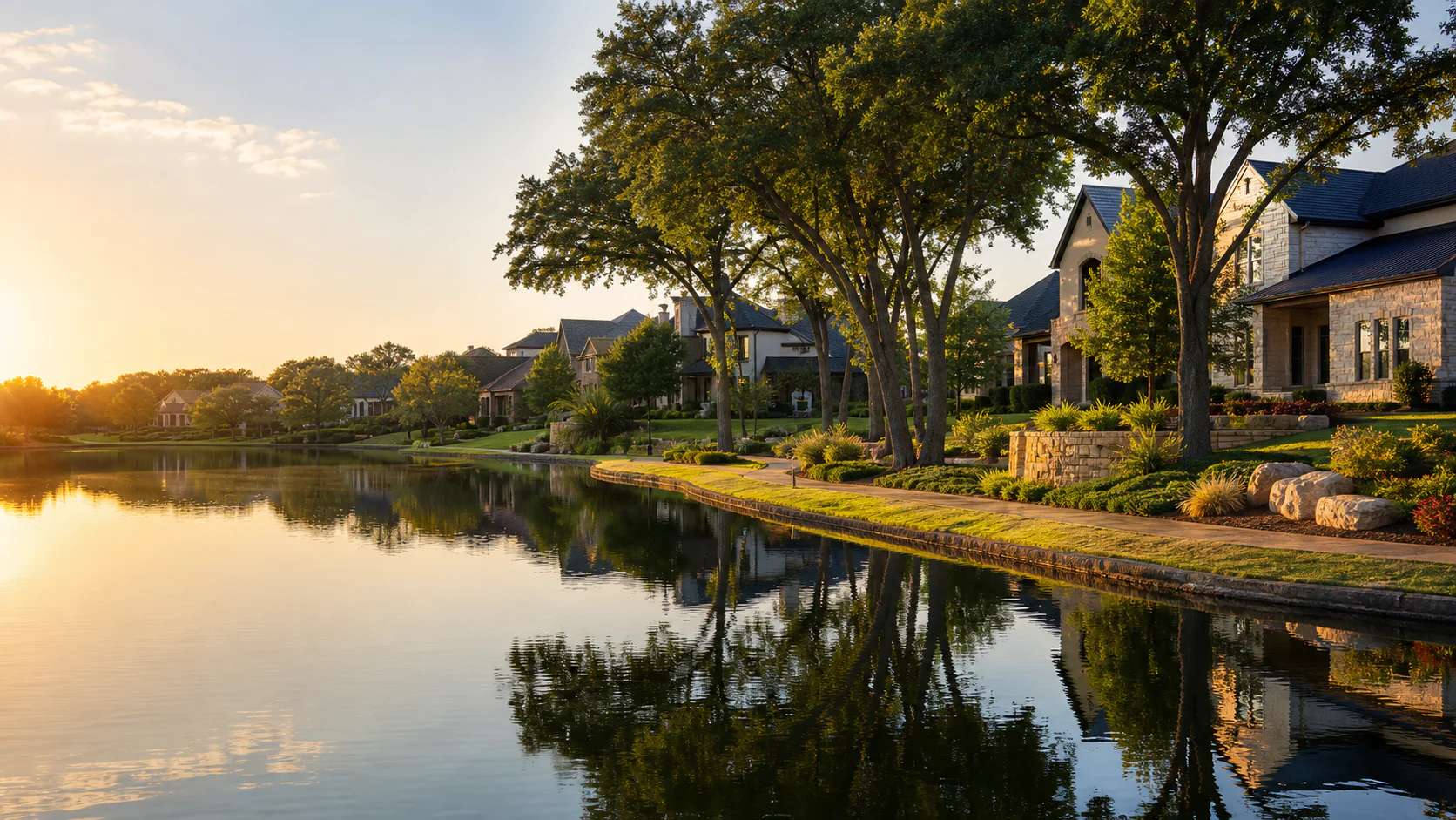 Golden-hour lakeside homes reflected in calm water with mature trees and a walking path