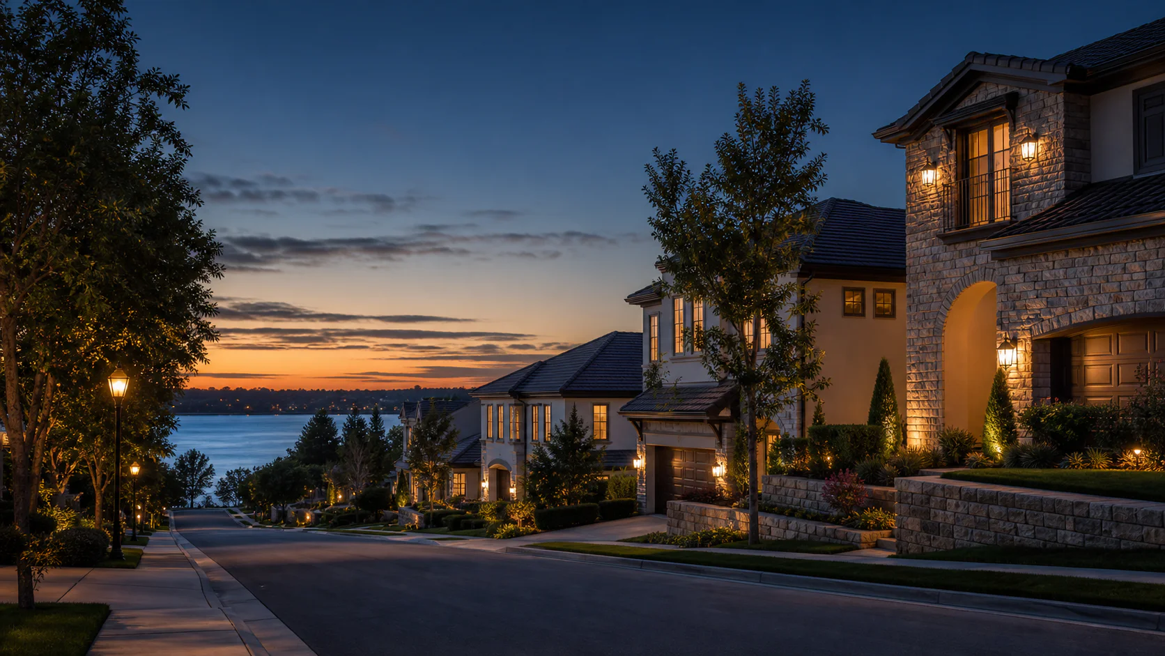 Twilight residential street with warm exterior lights, mature trees, and a glimpse of water